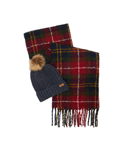 BARBOUR SALTBURN BEANIE AND TARTAN SCARF SET WINTERBERR